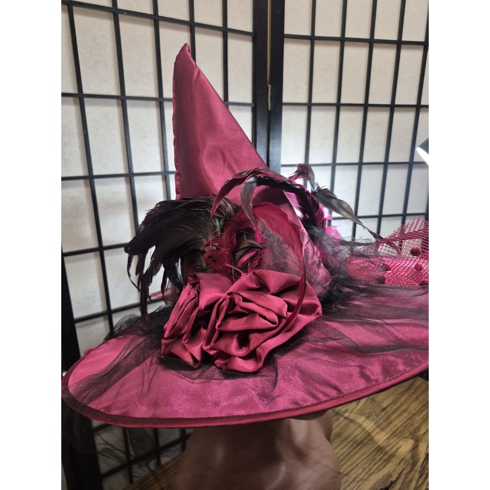 Glamorous Burgundy Satin Witch Hat With Spider Netting